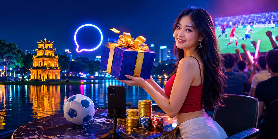 Khung cảnh phố đêm Hà Nội với ánh đèn neon, người chơi truy cập casino trực tuyến trên điện thoại